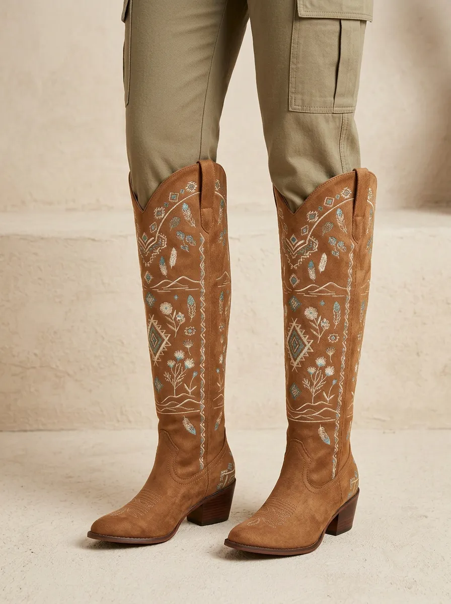 Women's Western Floral Feather Geometric Embroidered Pointed-Toe Block-Heel Denim Over-the-Knee Boots
