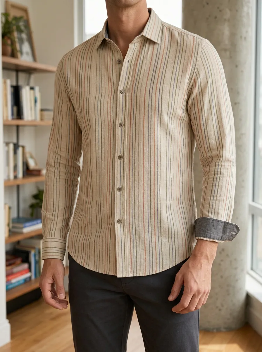 Men's Casual Style Beige Multi-Stripe Printed Slim Fit Shirt