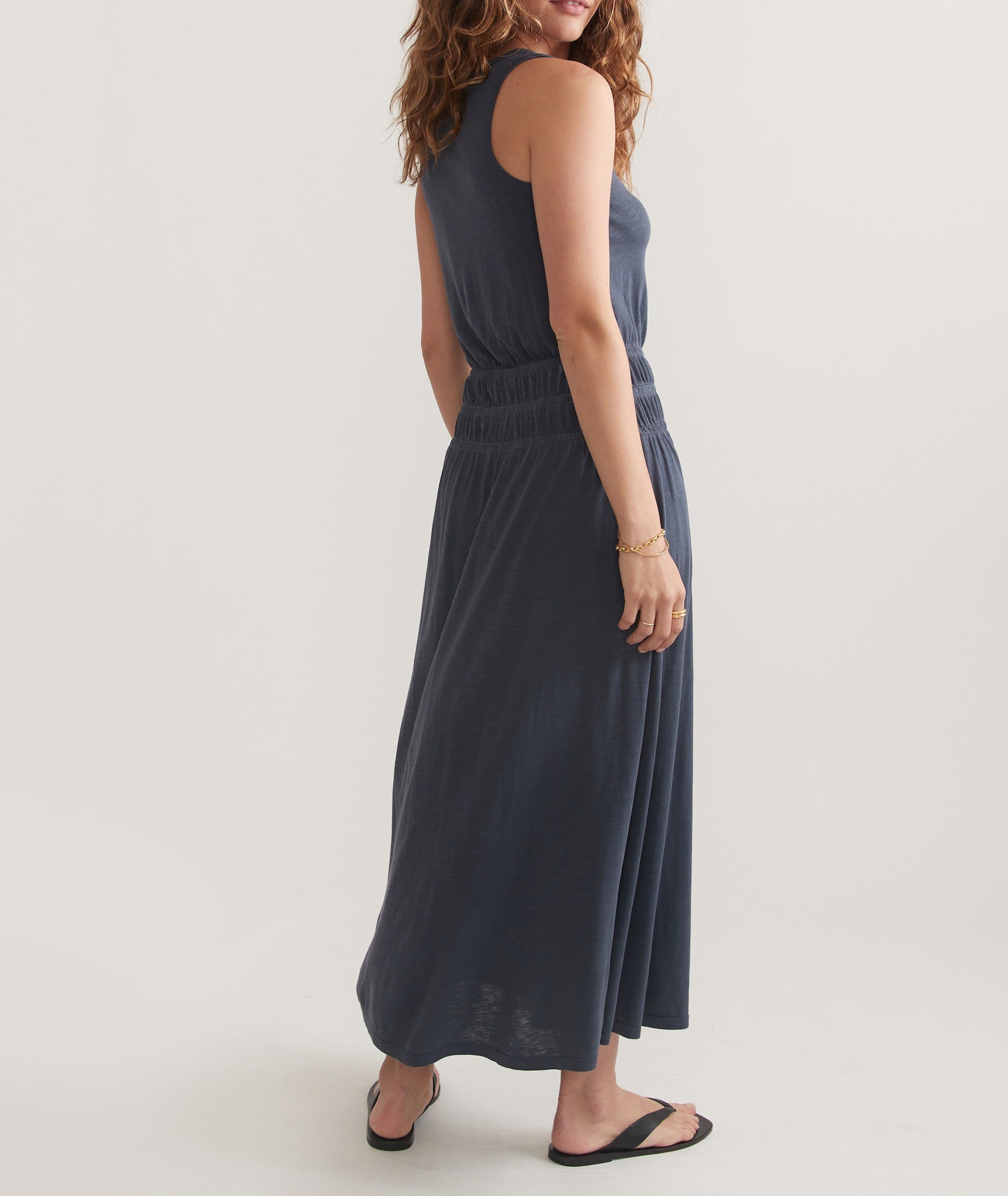 Navy Slub Fabric Midi Dress
