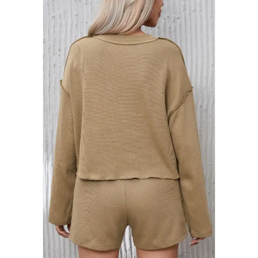Exposed Seam Long Sleeve Top and Drawstring Shorts Set