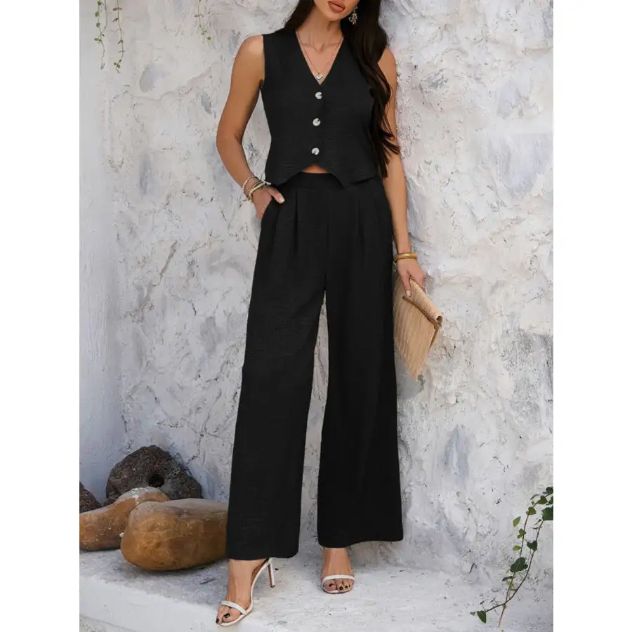 Button Down Vest and Wide Leg Pants Set