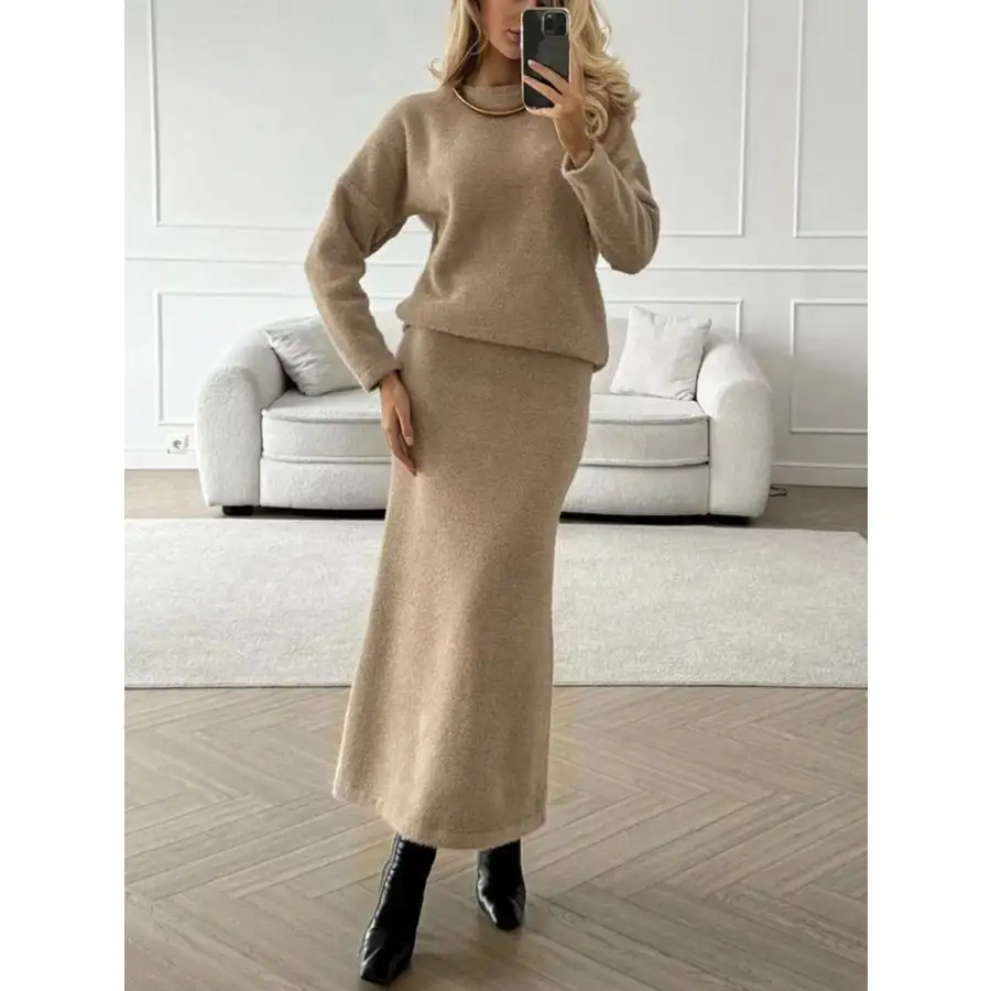 Round Neck Dropped Shoulder Top and Midi Skirt Sweater Set