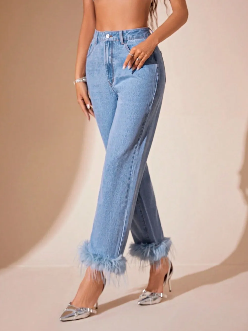 Plush Hem High Rise Straight Denim Jeans