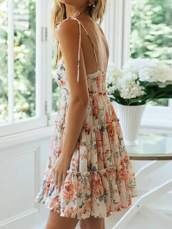A Line Relaxed Flower Print Layered Pleated Split Joint Tied Spaghetti