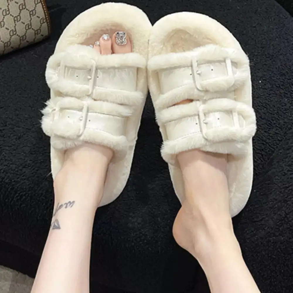 Fuzzy Buckle Detail Slippers