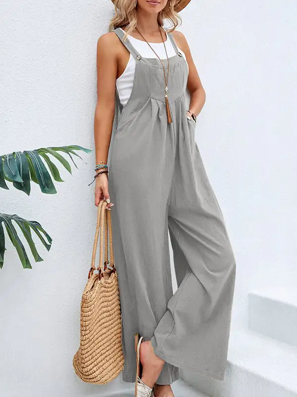 Loose Pleated Split-Joint Spaghetti-Neck Overalls