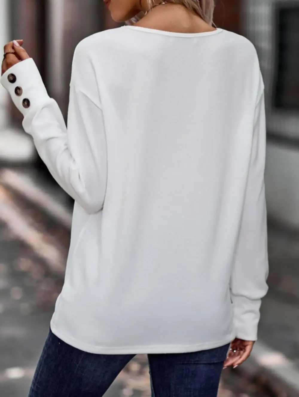 V Neck Button Loose Long Sleeve Tee