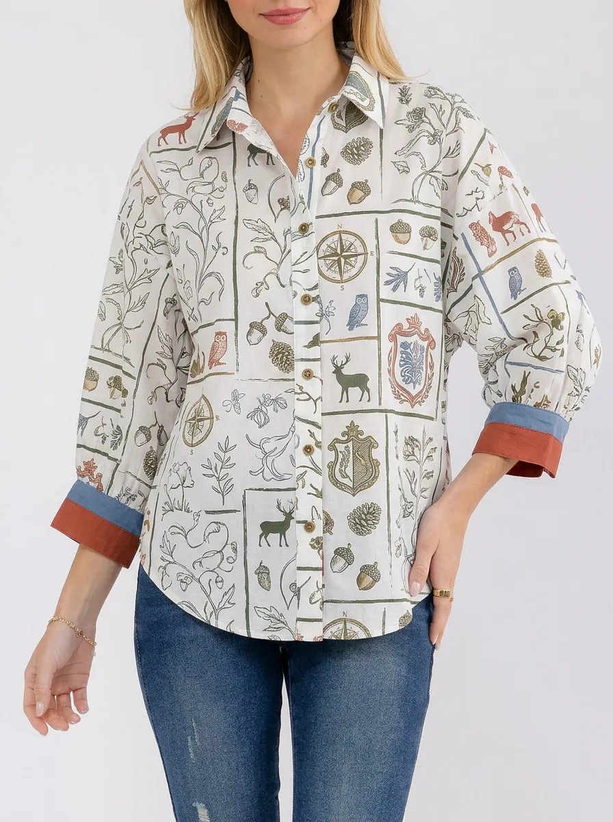 Women's Nature Forest Deer Compass Printed Button-up Shirt
