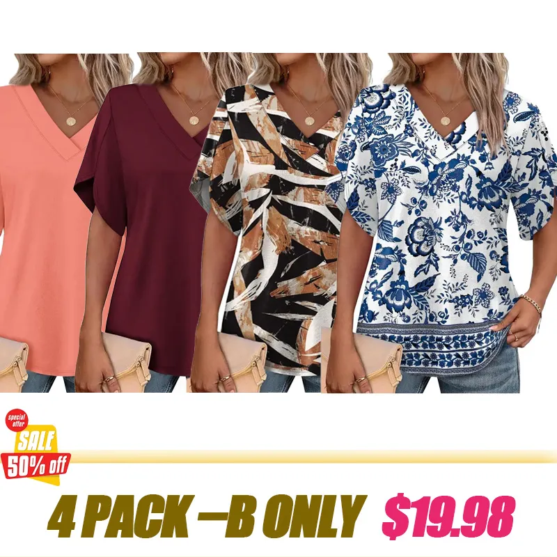 Women's Summer Short Petal Sleeve Blouse, V‑Neck Casual Top