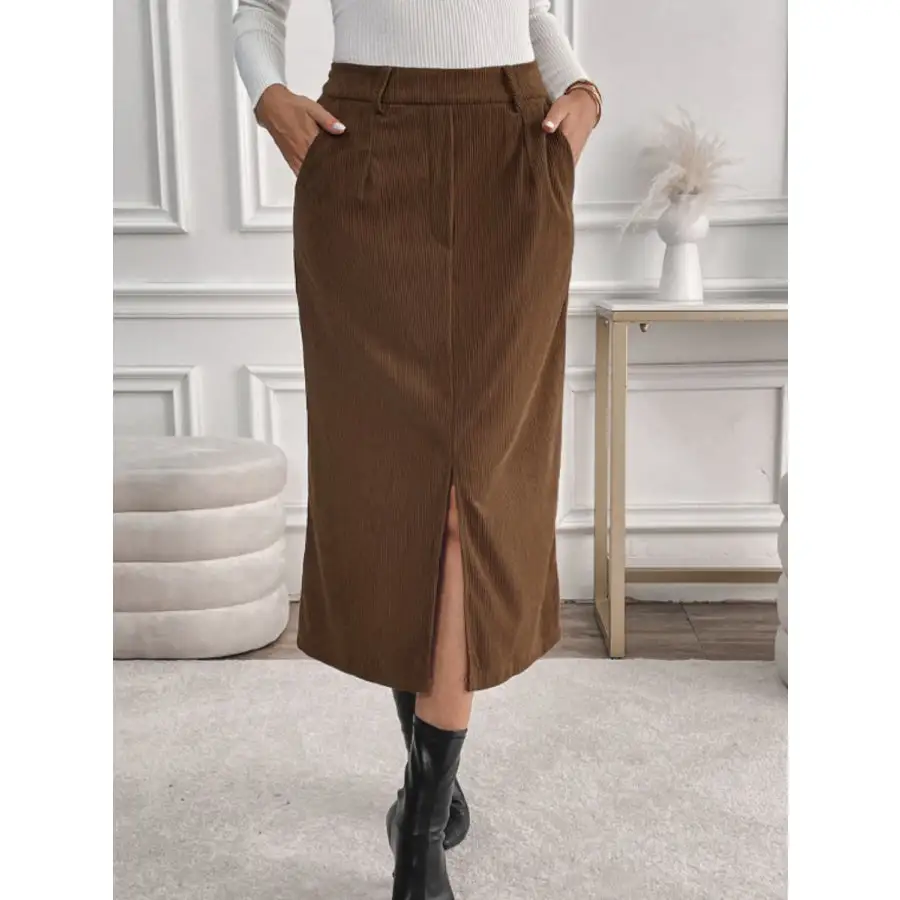 Perfee Slit Midi Skirt with Pockets