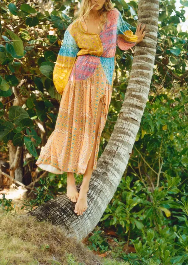 CONTRAST COLOR MAXI SMOCK DRESS
