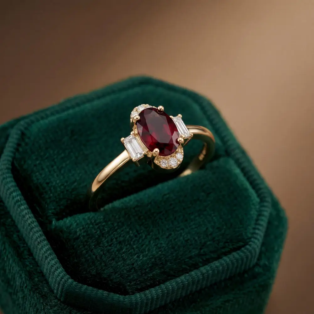 Simulated Ruby Oval Baguette Ring