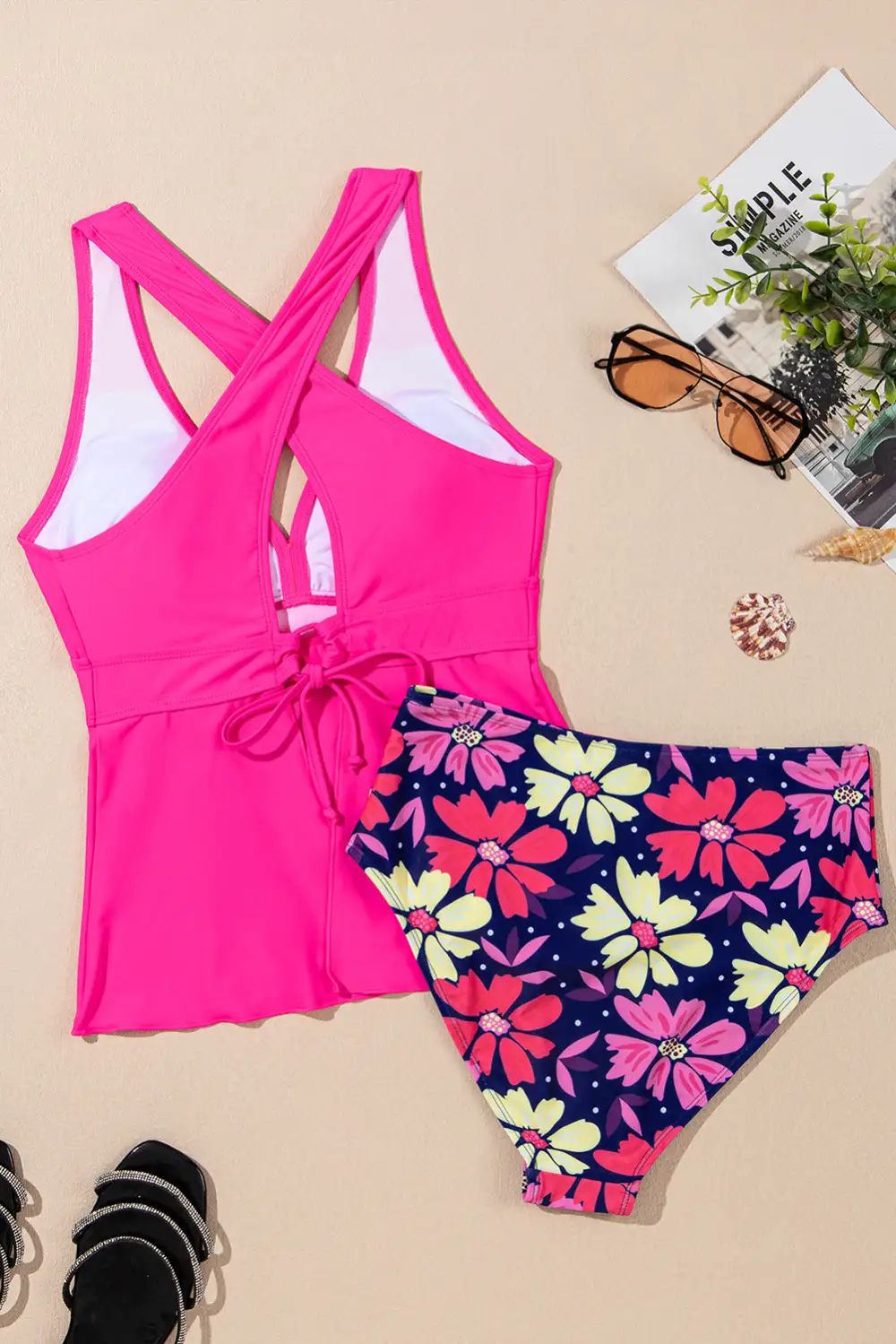 Neck Ruffled Hem Floral Tankini Set