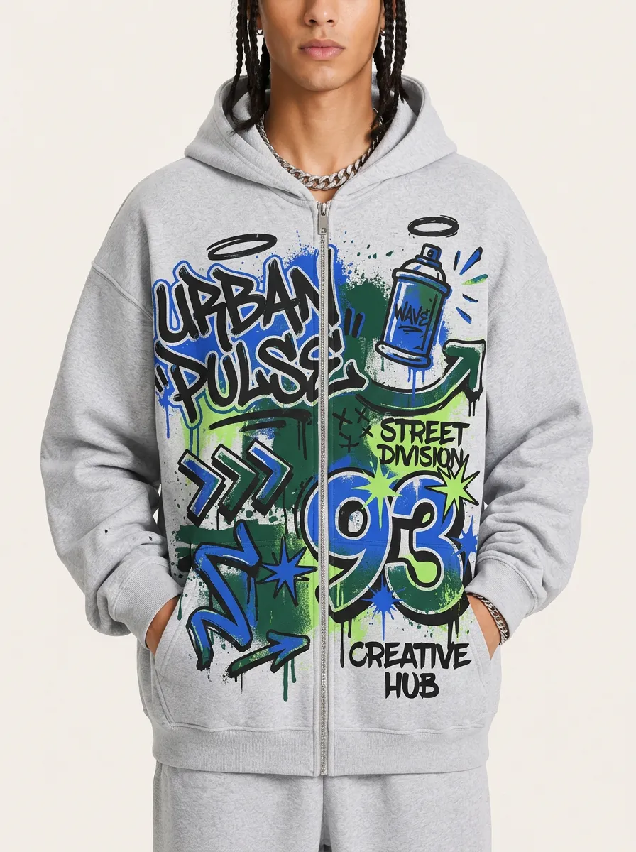 Men's Urban Pulse Graffiti 93 Street Art Printed Zip-up Hoodie