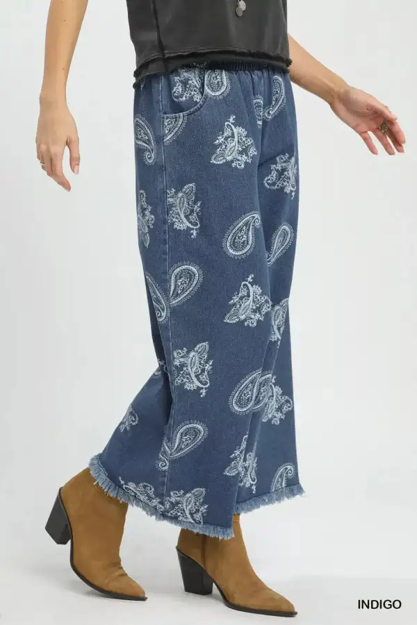 Denim Paisley Wide Leg Pants