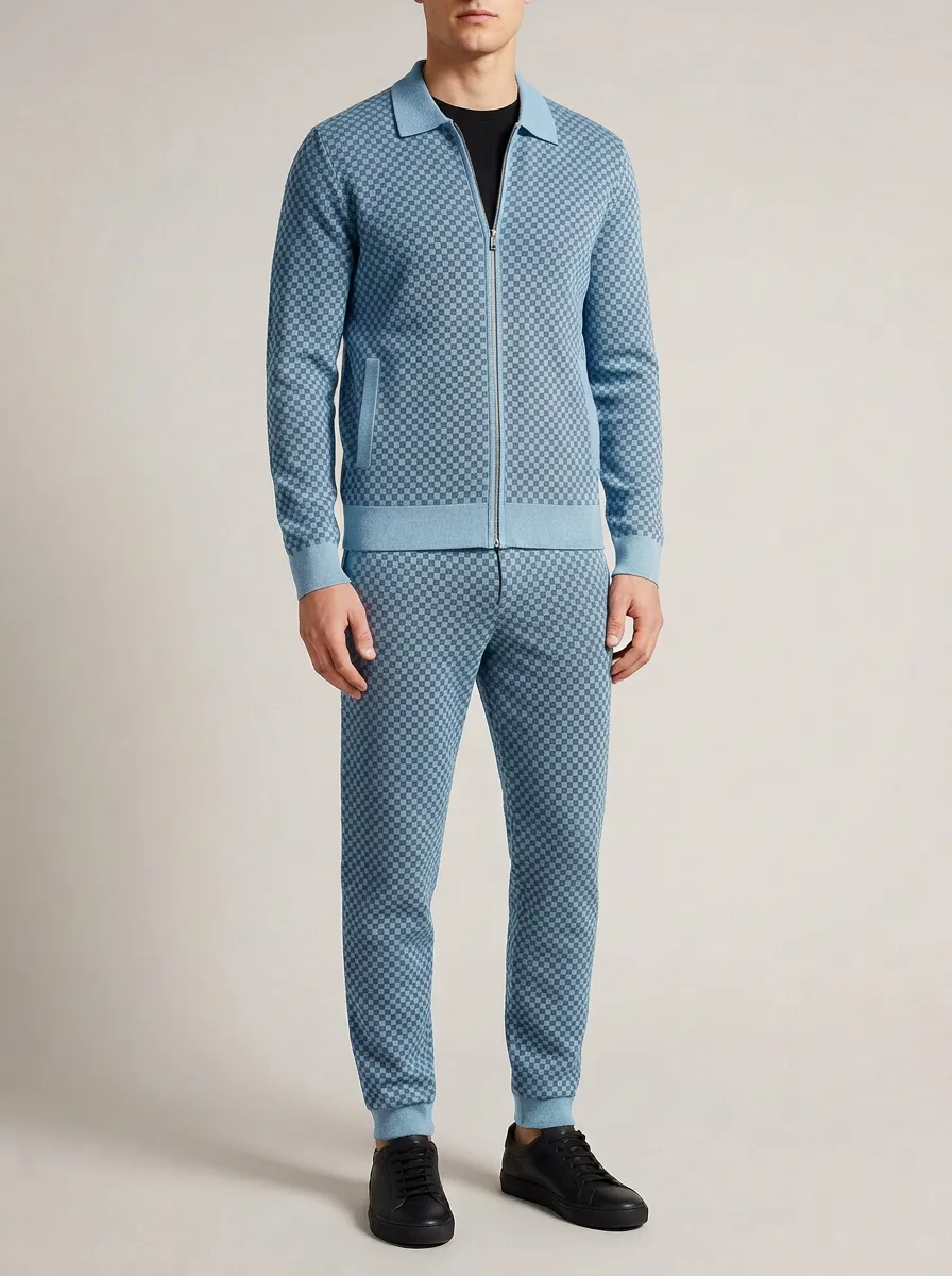Men's Classic Textured Polo Collar Jacket and Jogger Pants Set
