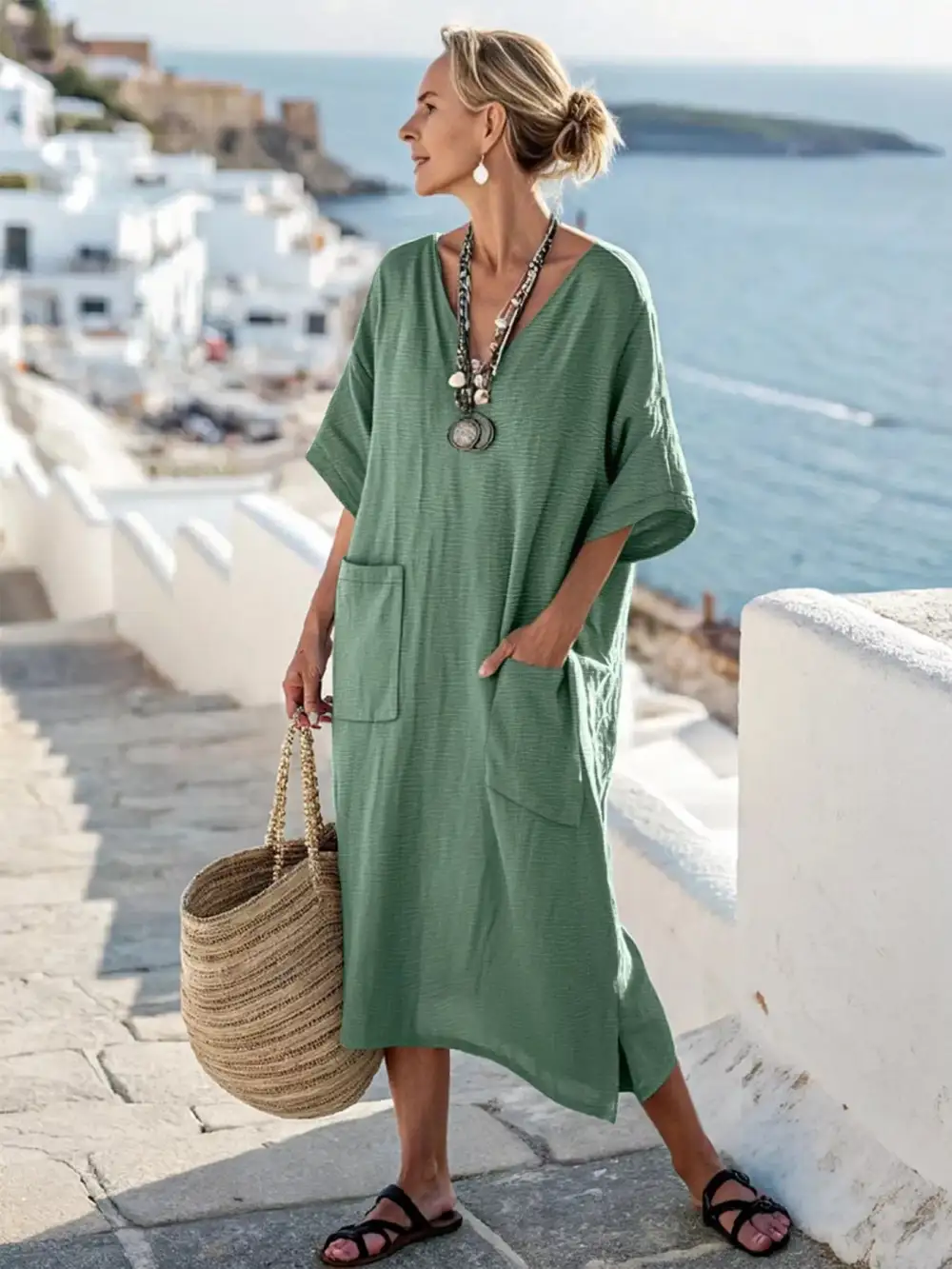 Clean Line V Neck Short Sleeve Dress