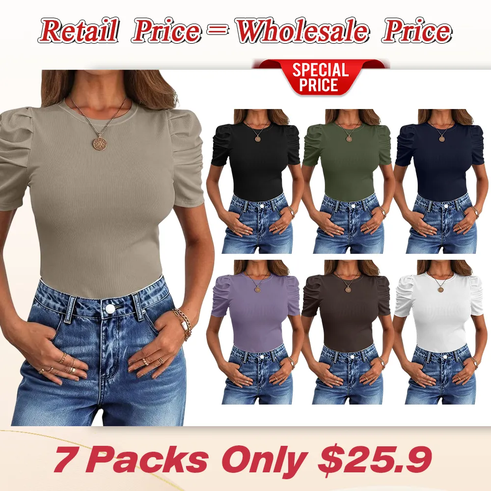 Women Puff Short Sleeve Crewneck Dressy Casual Tops
