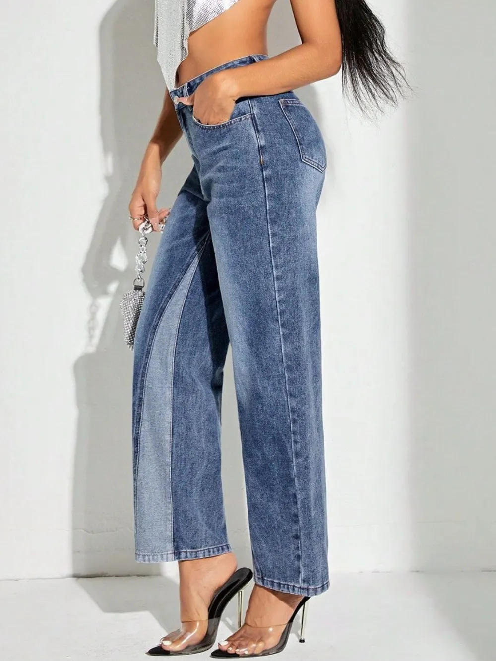 Straight Leg Pocketed Patchwork Denim Jeans
