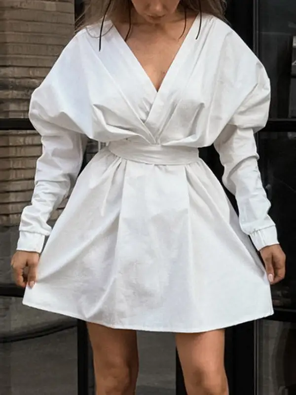 Long Sleeve Relaxed Pleated Solid Color Split Joint Tied Waist V
