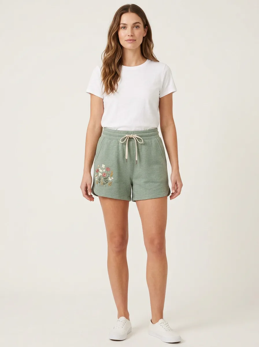Women's Contrast-Drawstring Floral-Embroidered Shorts
