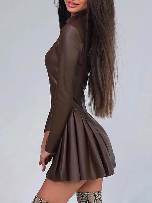 Long Sleeve Skinny Pleated Split Joint Zipper Stand Collar Mini Dress