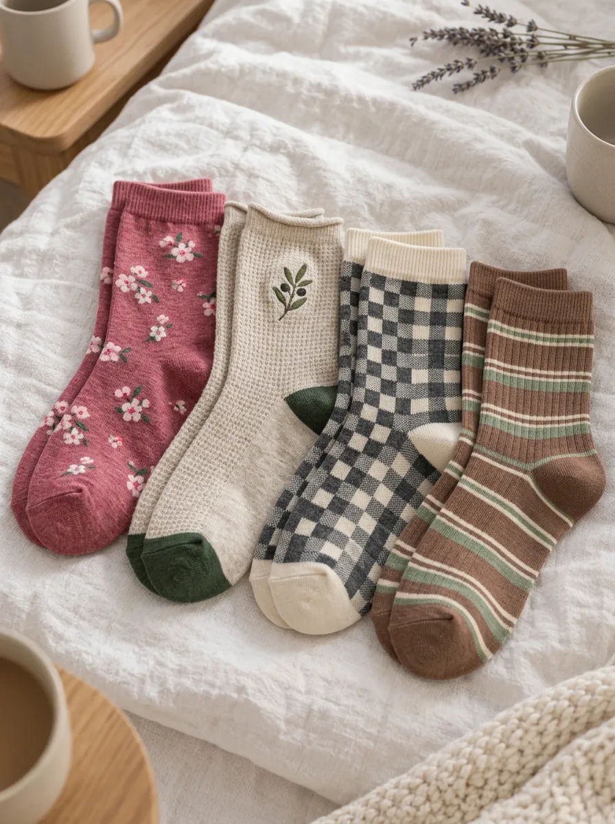 Women's Vintage Floral Plaid Striped Botanical Printed Socks 4-Pack