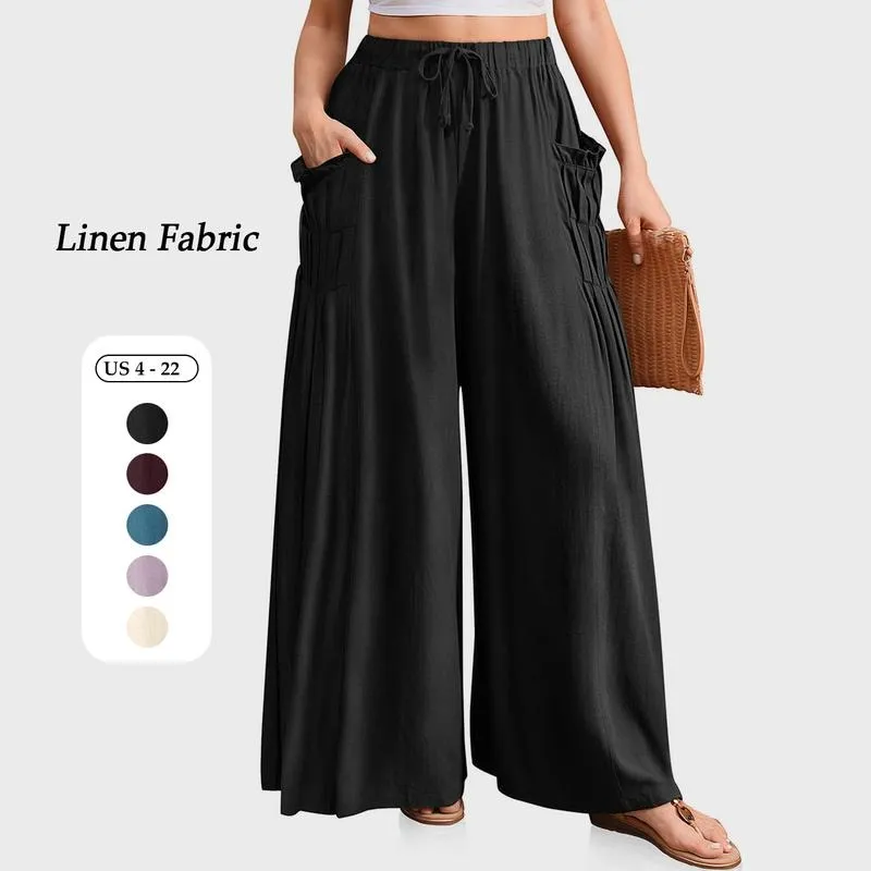 Women Linen Palazzo Pants Loose Fit Boho Wide Leg Summer Lounge Trousers Plus Size Drawstring Waist Casual Beach Travel Vacation Outfits woman wide leg pant