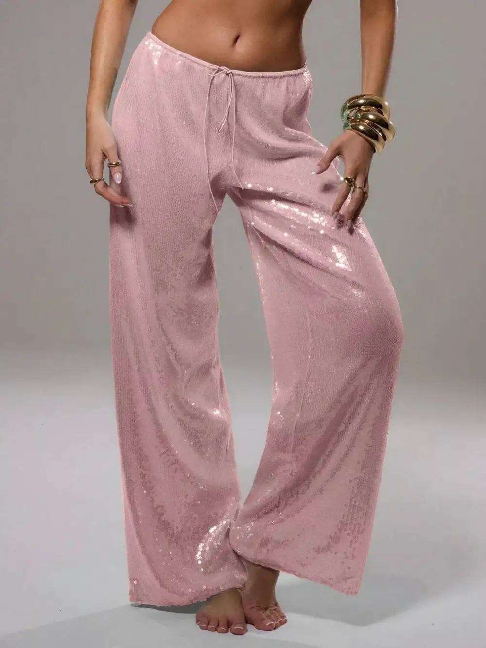 Wide Leg Sequin Drawstring Pocketed Pants