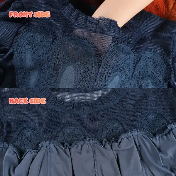 Women'S Long Sleeve Velvet Trim Lace Blouse Elegant Flared Swing Top