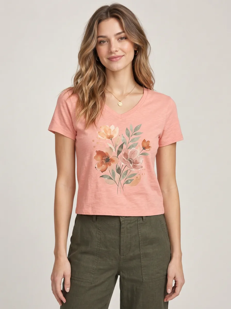 Women's Floral Watercolor Flower Artful V-Neck Printed Tee