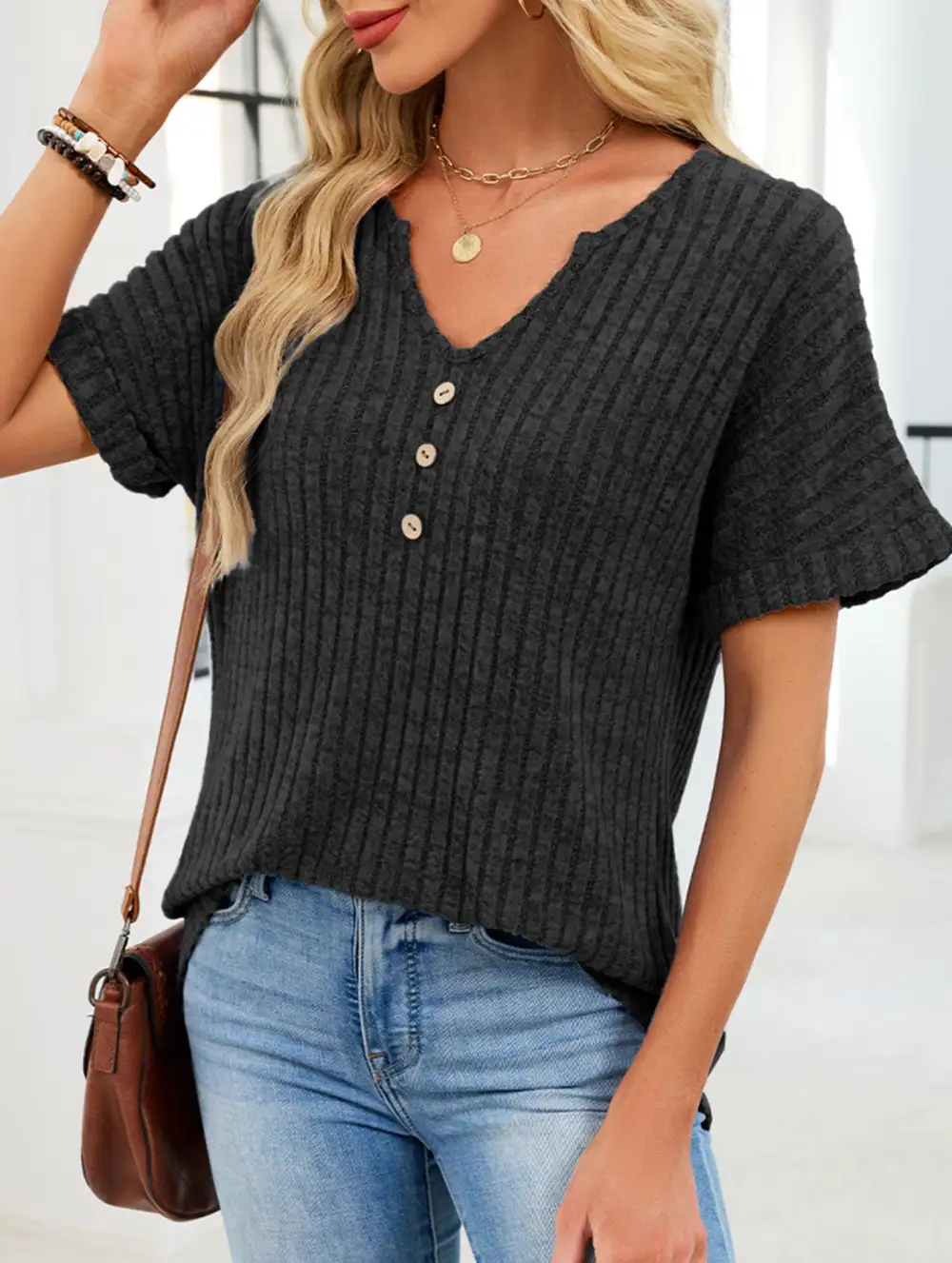 V Neck Button Front Loose Ribbed Tee