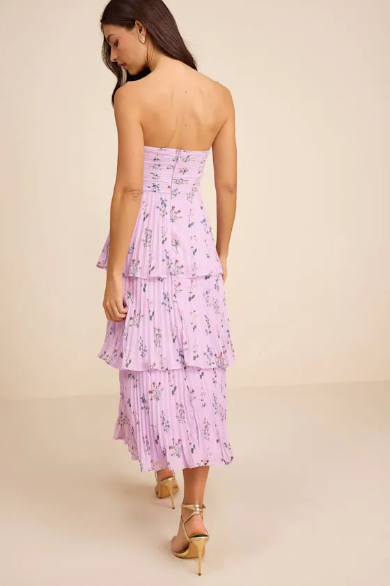 Hadelyn Lavender Floral Pleated Tiered Midi Dress
