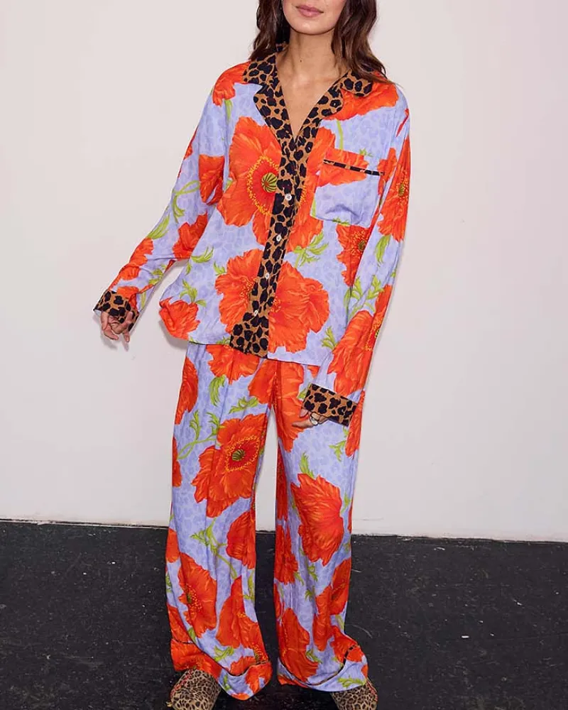 Floral Leopard Satin V-Neck Set