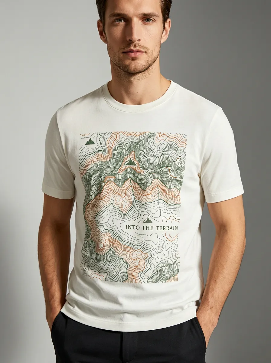 Men's Hiking Lover Topographic Map Into The Terrain Printed T-shirt