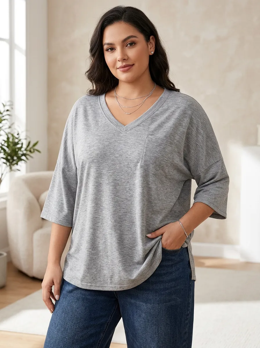 Women's Plus Size Grey Pocket V-Neck Loose T-Shirt