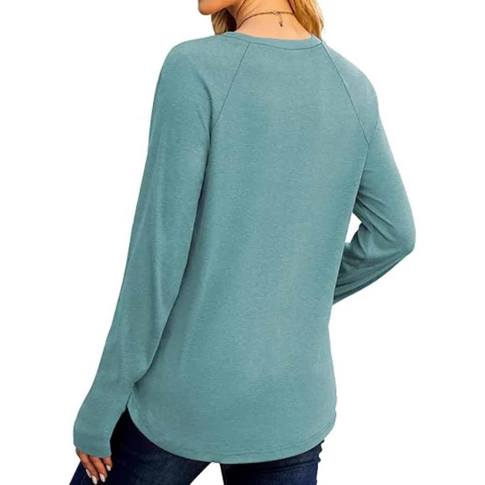 Womens Tunic Tops to Wear with Leggings Long Sleeve Thumb Hole Shirts Crew Neck Curved Hem