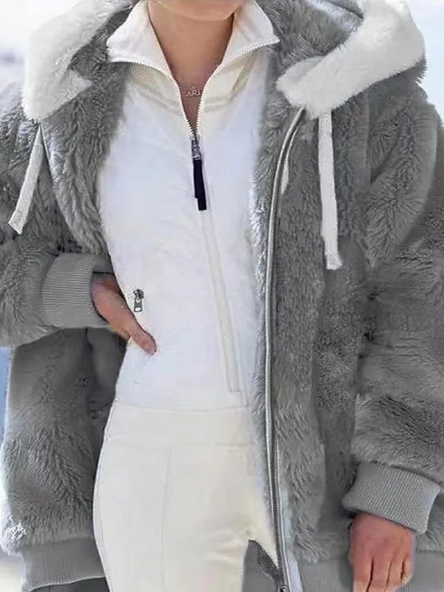 Women's Zip Hoodie Sweatshirt Fleece Jacket Pullover Sherpa Fleece Teddy Zipper Green Blue Purple Plain Round Neck Long Sleeve S M L XL 2XL 3XL / Winter / Fleece lined