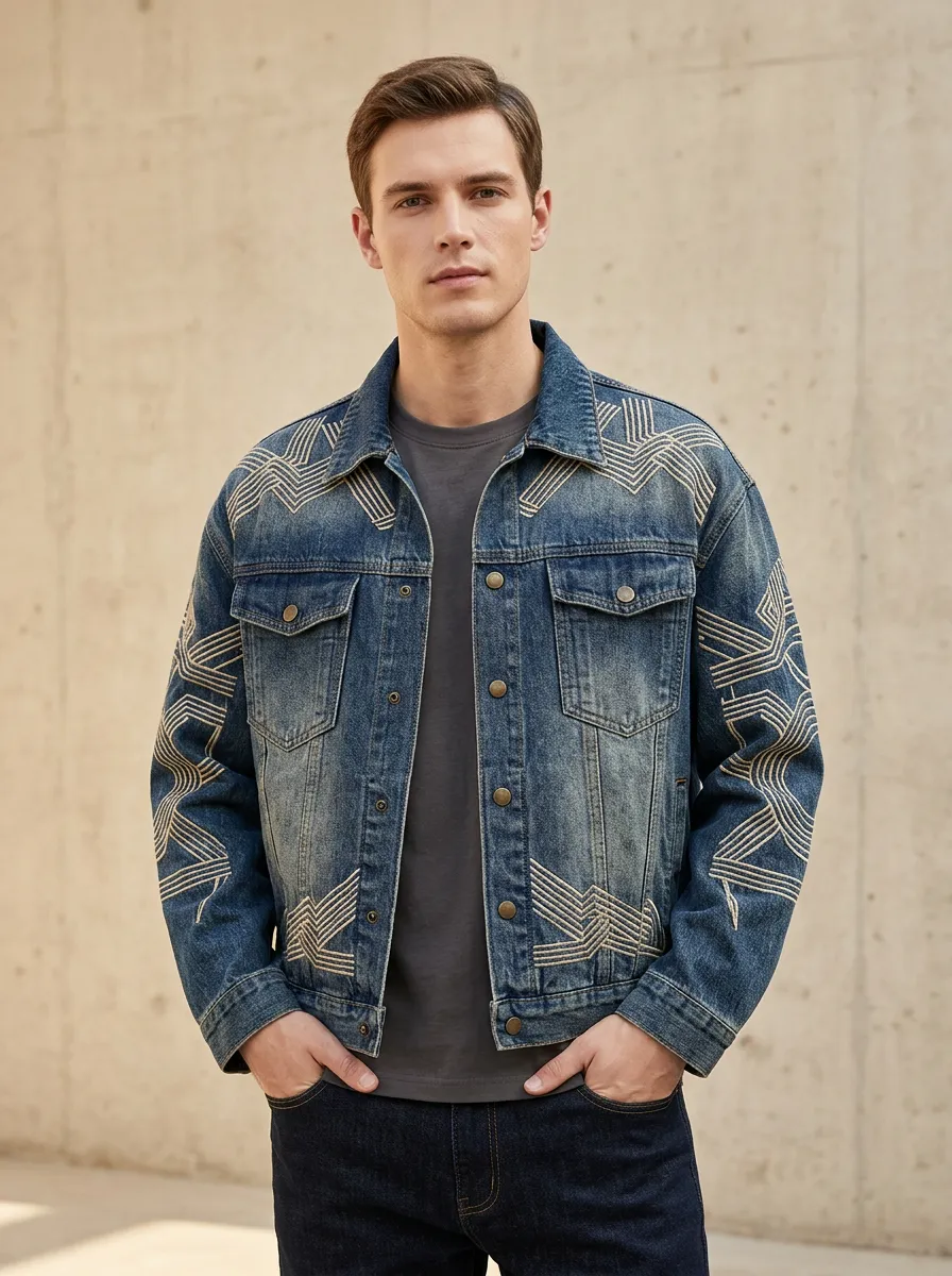 Men's Embroidered Geometric Denim Jacket
