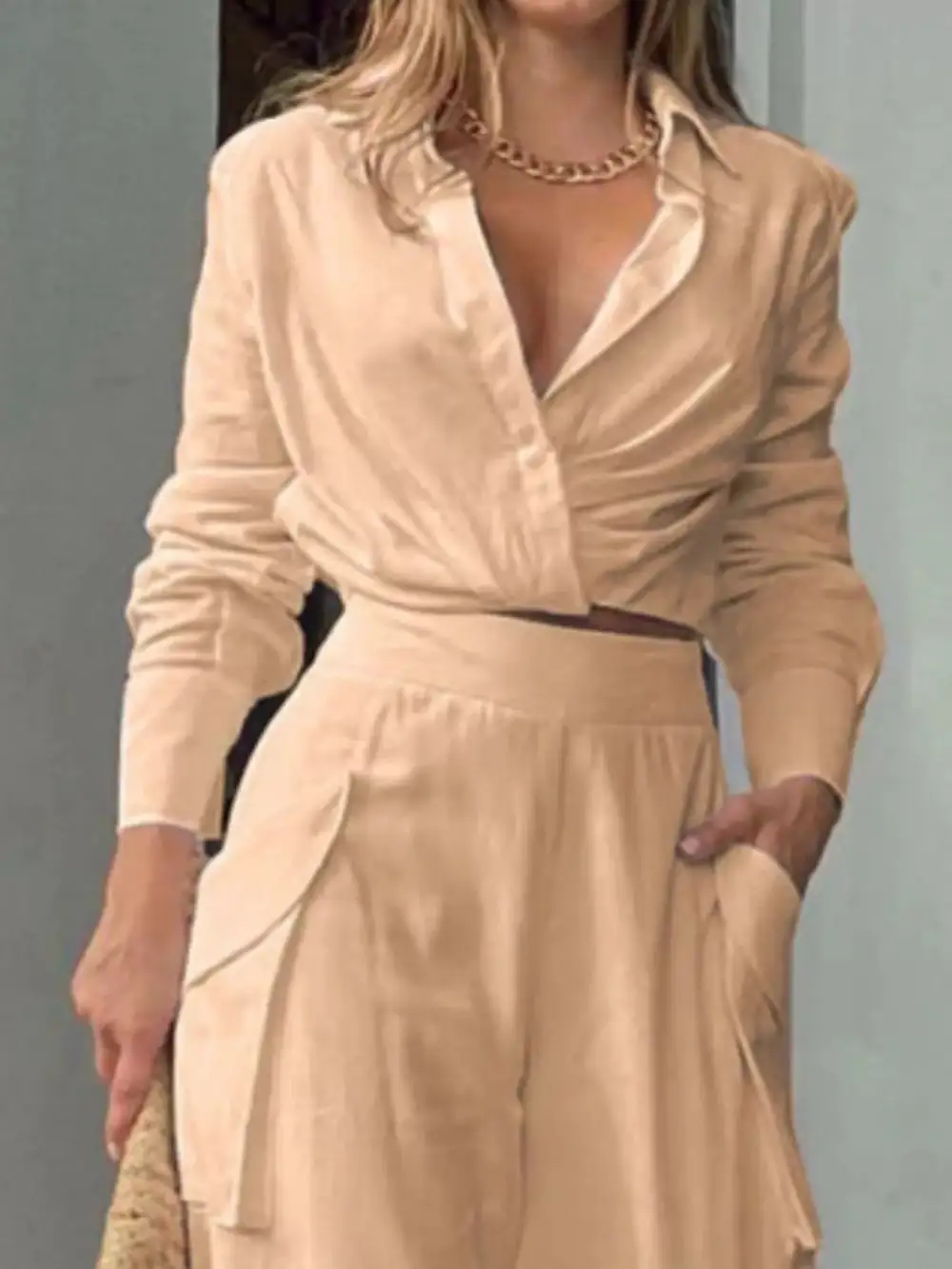 Long Sleeve Shirt and Wide Leg Pants Set