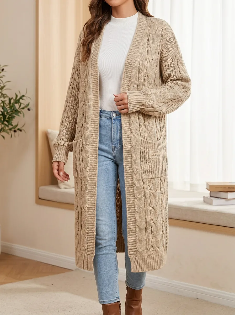 Women's Warm Moment Patch Cable Knit Long Cardigan