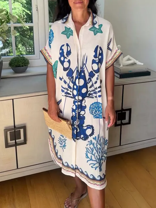 Lobster Ocean Print Shirt Midi Dress