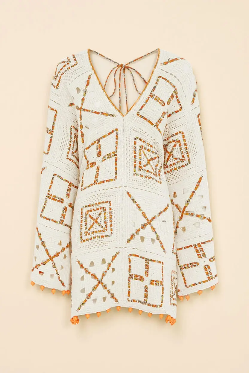 Block Print Neck Crochet Exquisite Mini Dress