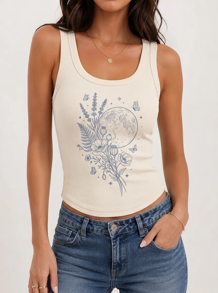 Women's Botanical Moon Curved Hem Ribbed Tank