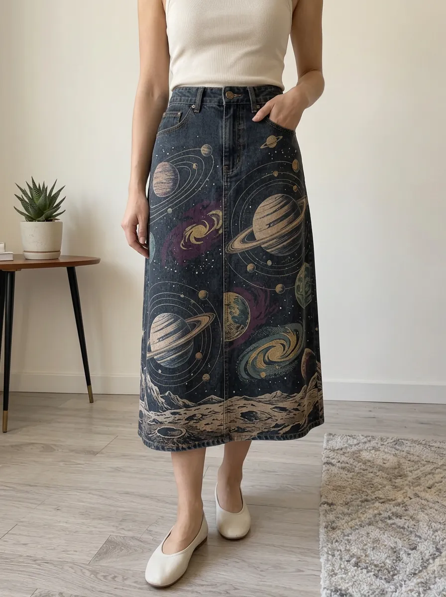 Women's Stellar Celestial Print Denim Midi Skirt