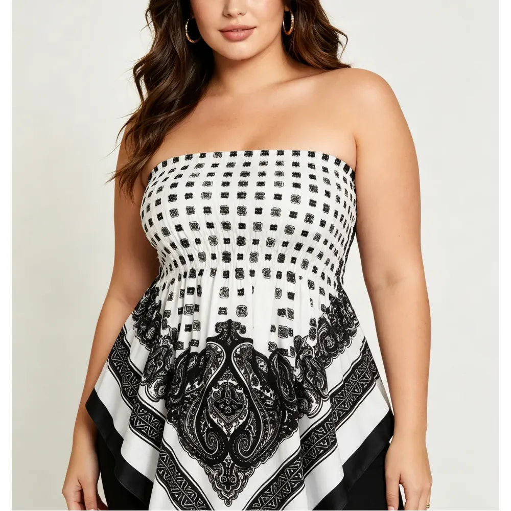 Plus-Size Women's Strapless Top with Ethnic Print