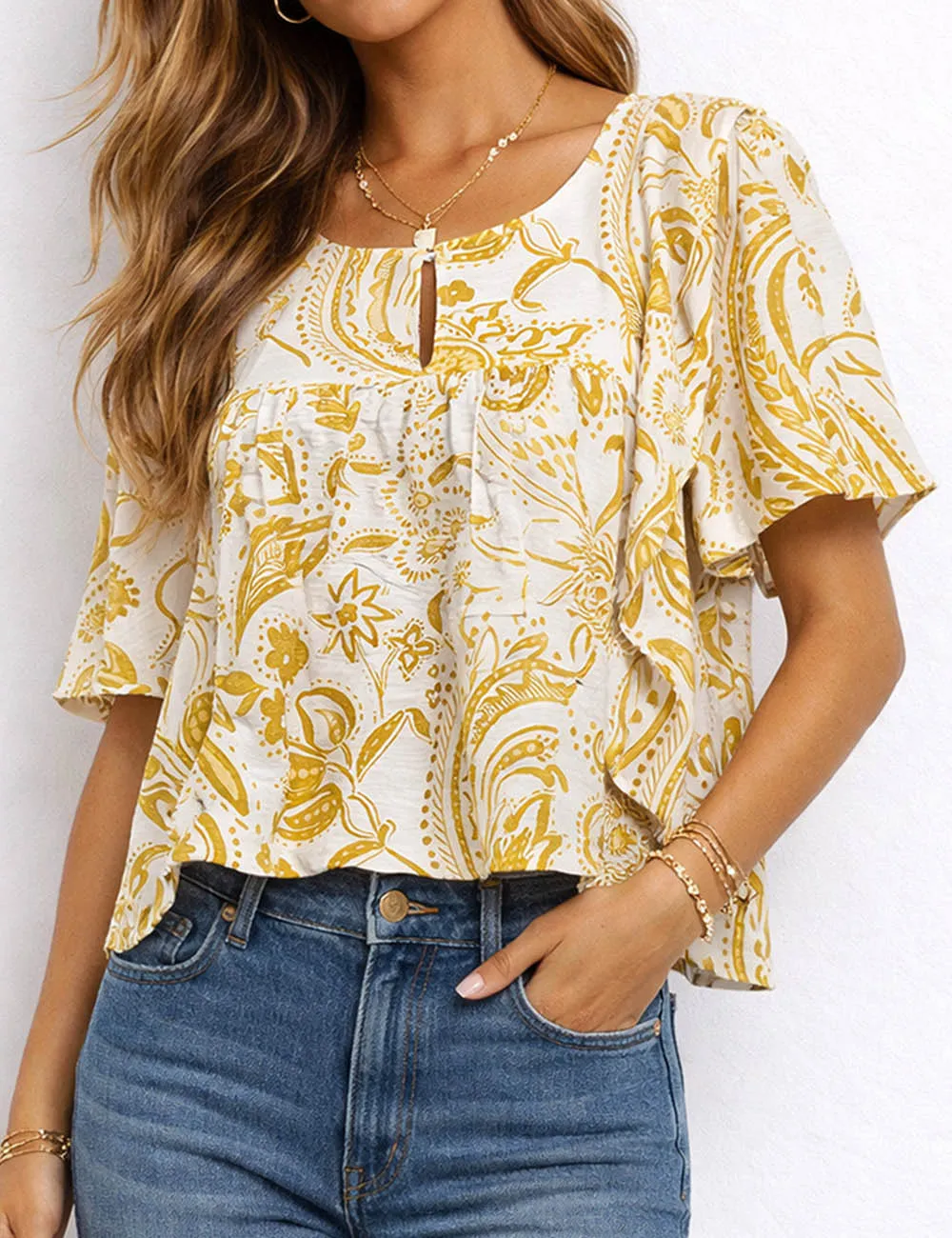 Paisley Round Neck Short Sleeves Babydoll Blouse