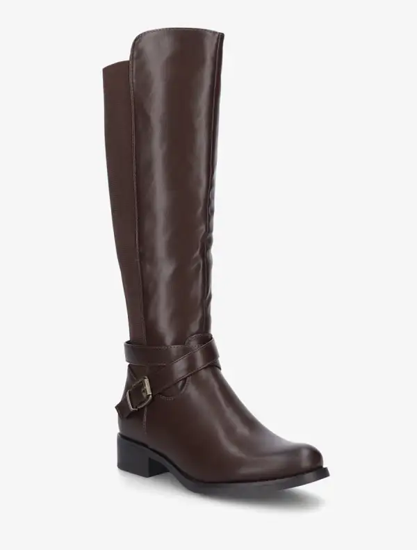 Polished Stretch Panel Strap Detail Buckle Detail Block Heel Knee High Boots