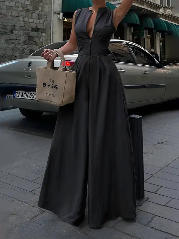 Jumpsuits Met Hoge Taille Losse Zakken Effen Kleur