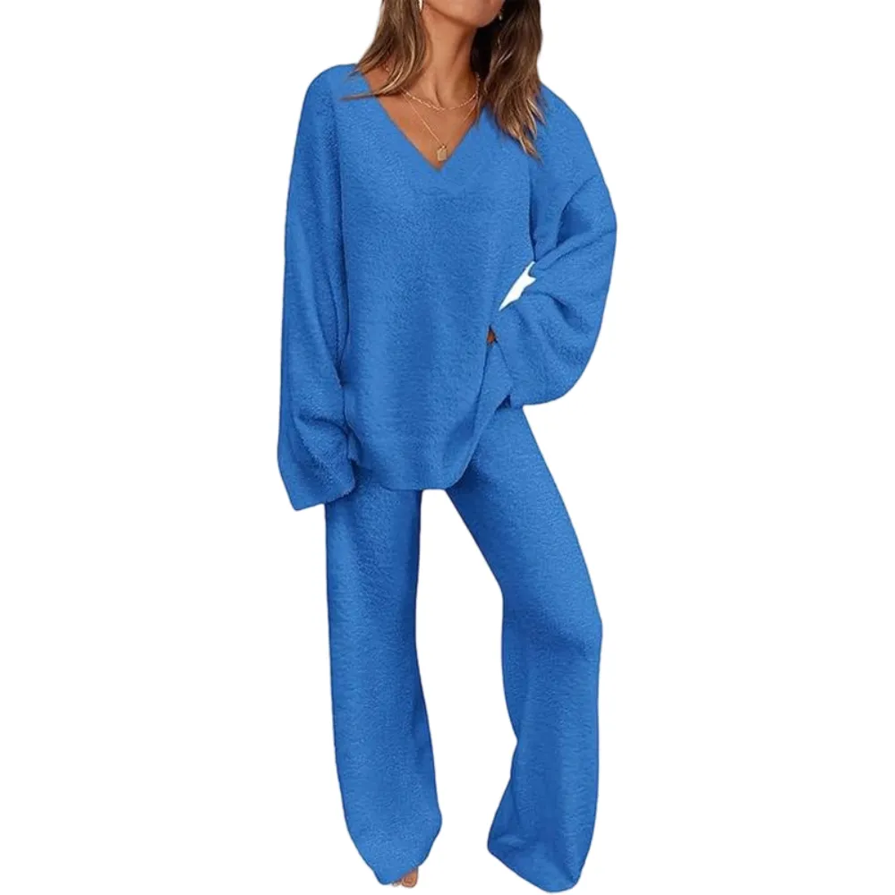 Women's 2-Piece Lounge Set Soft Chunky V Neck Tops& Wide Leg Long